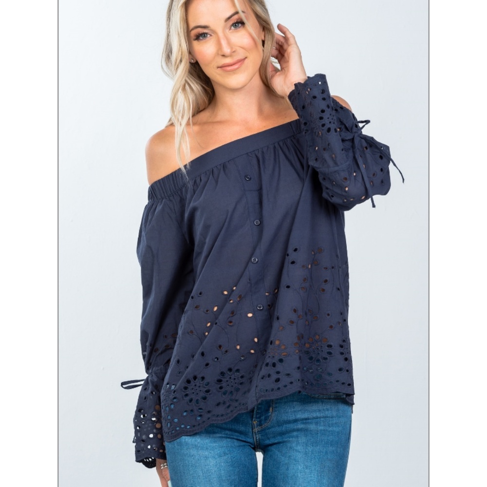 LAST ONE!! Navy Off The Shoulder Eyelet Top - Picture 2 of 5
